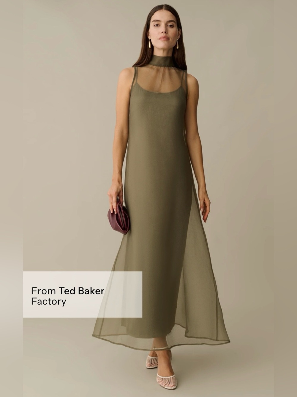 CAARA Few Moda Alette Organza Maxi Dress M Moss Grey NWT Ted Baker Factory